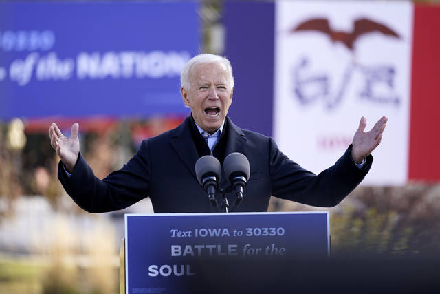 Democratic presidential candidate former Vice President Joe Biden speaks at a rally at the Iowa State Fairgrounds in Des Moines, Iowa last Friday. Biden has won Arizona and its 11 electoral votes, flipping a critical battleground state that Donald Trump won four years ago and that could help determine which candidate wins the presidency.