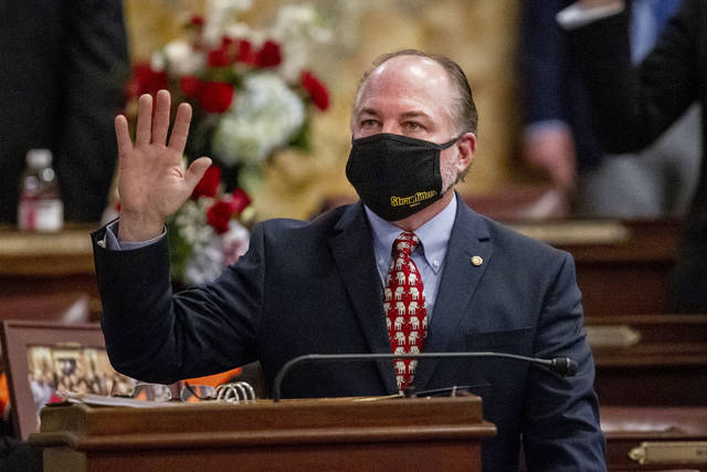 Incoming House Majority Leader Kerry Benninghoff, R-Centre County, raises his hand as the Pennsylvania House of Representatives are sworn-in Tuesday, Jan. 5 at the state Capitol in Harrisburg. Benninghof on Wednesday said said the House will move quickly on a $900 million relief bill, but did not say whether members there will seek changes.
AP file photo